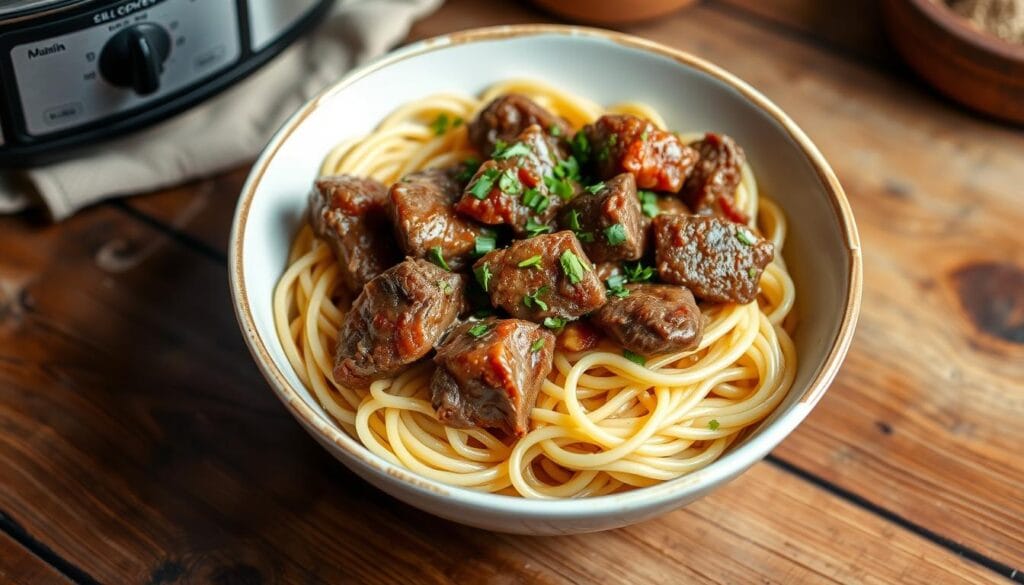Slow cooker beef pasta with angel hair Slow cooker beef pasta with angel hair