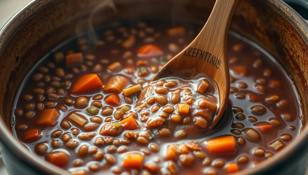 A beautifully prepared spicy lentil stew simmering in a large ceramic pot, the rich, aromatic broth a deep, earthy red. Chunks of tender lentils, carrots, and celery submerged in the savory liquid, steam rising gently. In the foreground, a wooden spoon protrudes from the stew, dripping with the thick, flavorful sauce. Soft lighting from above casts a warm, inviting glow over the scene, highlighting the textures and colors. The background is blurred, keeping the focus on the hearty, comforting dish. An impeccably crafted, mouthwatering representation of the perfect spicy lentil stew. A beautifully prepared spicy lentil stew simmering in a large ceramic pot, the rich, aromatic broth a deep, earthy red. Chunks of tender lentils, carrots, and celery submerged in the savory liquid, steam rising gently. In the foreground, a wooden spoon protrudes from the stew, dripping with the thick, flavorful sauce. Soft lighting from above casts a warm, inviting glow over the scene, highlighting the textures and colors. The background is blurred, keeping the focus on the hearty, comforting dish. An impeccably crafted, mouthwatering representation of the perfect spicy lentil stew.