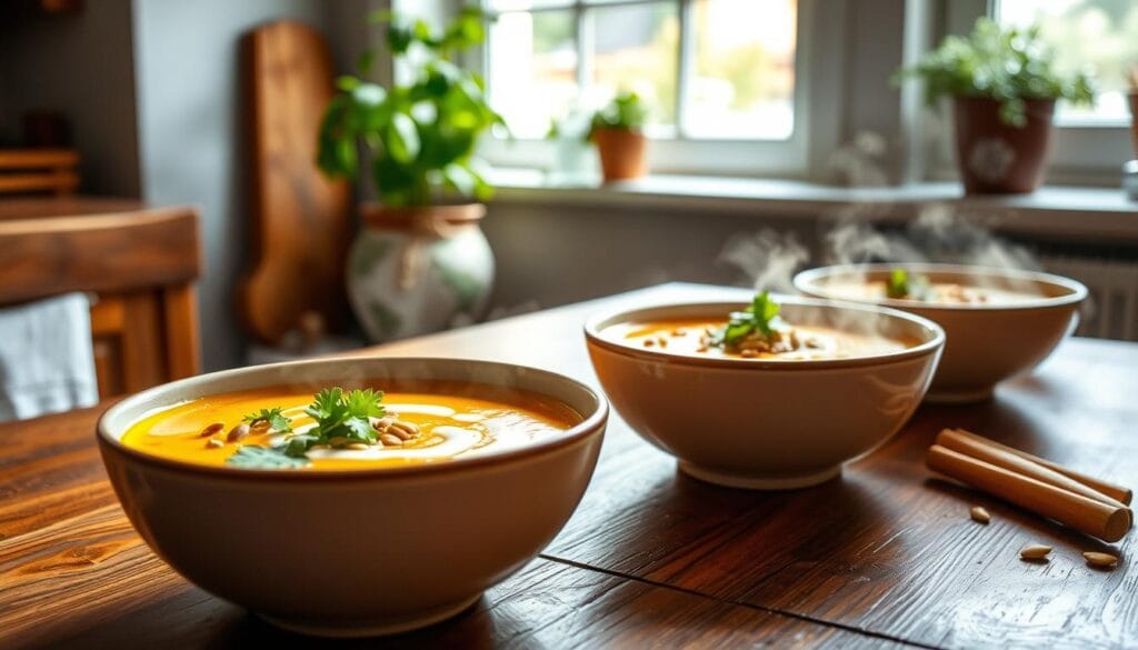 A cozy kitchen scene with a wooden table in the foreground, set with bowls of steaming turmeric-infused vegetable soup. The soup is garnished with fresh cilantro, a drizzle of coconut milk, and a sprinkle of toasted pumpkin seeds. In the background, a window floods the space with soft, warm lighting, and a potted plant adds a touch of natural greenery. The atmosphere is inviting and comforting, perfectly capturing the essence of a nourishing, immunity-boosting turmeric soup. A cozy kitchen scene with a wooden table in the foreground, set with bowls of steaming turmeric-infused vegetable soup. The soup is garnished with fresh cilantro, a drizzle of coconut milk, and a sprinkle of toasted pumpkin seeds. In the background, a window floods the space with soft, warm lighting, and a potted plant adds a touch of natural greenery. The atmosphere is inviting and comforting, perfectly capturing the essence of a nourishing, immunity-boosting turmeric soup.