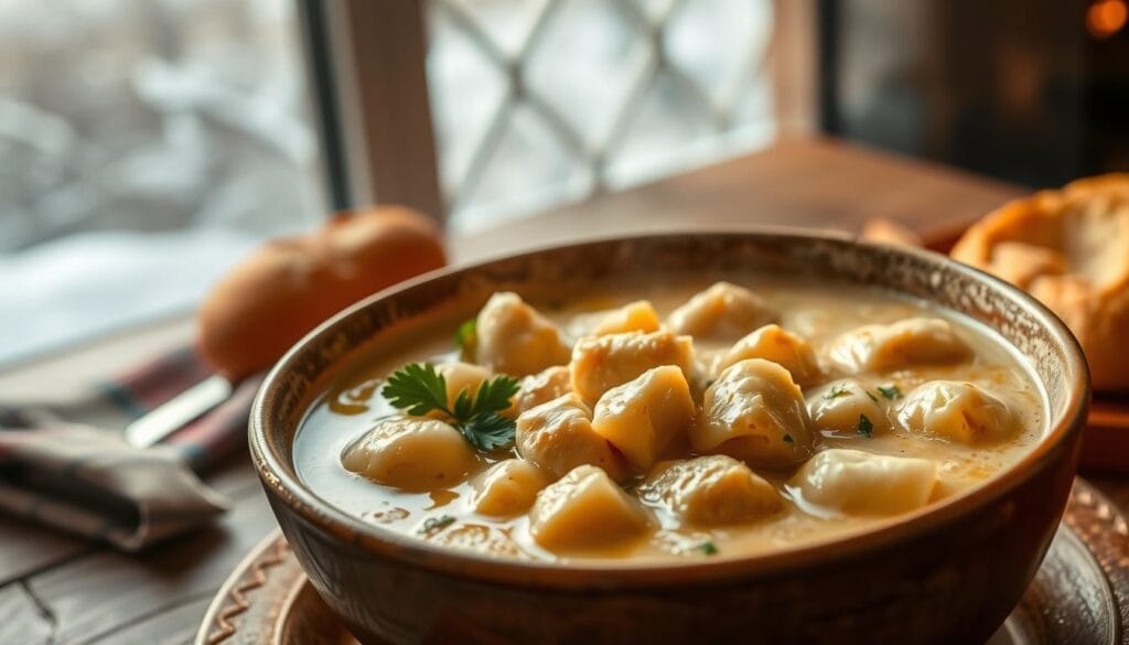 A steaming bowl of creamy chicken gnocchi soup, set against a cozy winter backdrop. In the foreground, tender pieces of juicy chicken nestle among pillowy gnocchi dumplings, bathed in a rich, velvety broth. Garnishes of fresh parsley and a drizzle of olive oil add vibrant pops of color and texture. The middle ground features a rustic wooden table, with a plaid napkin and a crusty bread roll, inviting the viewer to pull up a chair and indulge. The background is softly blurred, hinting at a warm, intimate setting, perhaps by a fireplace or a frost-covered window, evoking a sense of comfort and relaxation. Warm lighting casts a golden glow, heightening the cozy, nourishing atmosphere of this winter soup masterpiece. A steaming bowl of creamy chicken gnocchi soup, set against a cozy winter backdrop. In the foreground, tender pieces of juicy chicken nestle among pillowy gnocchi dumplings, bathed in a rich, velvety broth. Garnishes of fresh parsley and a drizzle of olive oil add vibrant pops of color and texture. The middle ground features a rustic wooden table, with a plaid napkin and a crusty bread roll, inviting the viewer to pull up a chair and indulge. The background is softly blurred, hinting at a warm, intimate setting, perhaps by a fireplace or a frost-covered window, evoking a sense of comfort and relaxation. Warm lighting casts a golden glow, heightening the cozy, nourishing atmosphere of this winter soup masterpiece.