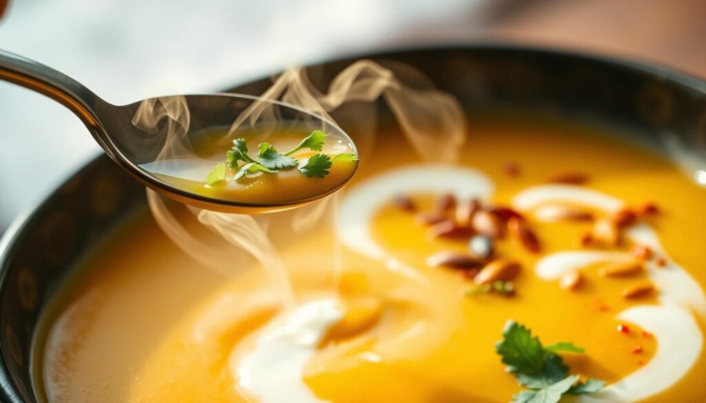 A vibrant, close-up shot of an artfully customized turmeric vegetable soup. In the foreground, a spoon gently swirls freshly chopped herbs, perhaps parsley or cilantro, into the golden broth. Wisps of steam rise, illuminated by soft, natural lighting casting a warm glow. In the middle ground, a variety of garnishes - toasted pumpkin seeds, a drizzle of yogurt, a sprinkle of crushed chili flakes - are arranged purposefully around the bowl, inviting the viewer to personalize the soup to their taste. The background fades softly, drawing the eye to the center of the frame and the act of customization. The overall mood is one of comfort, nourishment, and the joyful exploration of flavors. A vibrant, close-up shot of an artfully customized turmeric vegetable soup. In the foreground, a spoon gently swirls freshly chopped herbs, perhaps parsley or cilantro, into the golden broth. Wisps of steam rise, illuminated by soft, natural lighting casting a warm glow. In the middle ground, a variety of garnishes - toasted pumpkin seeds, a drizzle of yogurt, a sprinkle of crushed chili flakes - are arranged purposefully around the bowl, inviting the viewer to personalize the soup to their taste. The background fades softly, drawing the eye to the center of the frame and the act of customization. The overall mood is one of comfort, nourishment, and the joyful exploration of flavors.