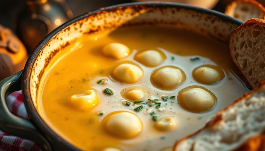 Creamy Italian soup simmering in a rustic pot, illuminated by warm, soft lighting. Gnocchi dumplings floating in a velvety broth, infused with aromatic garlic, herbs, and Parmesan. Crisp, crusty bread on the side, inviting a dip. Shallow depth of field, focusing on the bowl's center, while the background gently blurs into a cozy, homey atmosphere. Evoke a sense of comfort and nourishment on a chilly winter day. Creamy Italian soup simmering in a rustic pot, illuminated by warm, soft lighting. Gnocchi dumplings floating in a velvety broth, infused with aromatic garlic, herbs, and Parmesan. Crisp, crusty bread on the side, inviting a dip. Shallow depth of field, focusing on the bowl's center, while the background gently blurs into a cozy, homey atmosphere. Evoke a sense of comfort and nourishment on a chilly winter day.