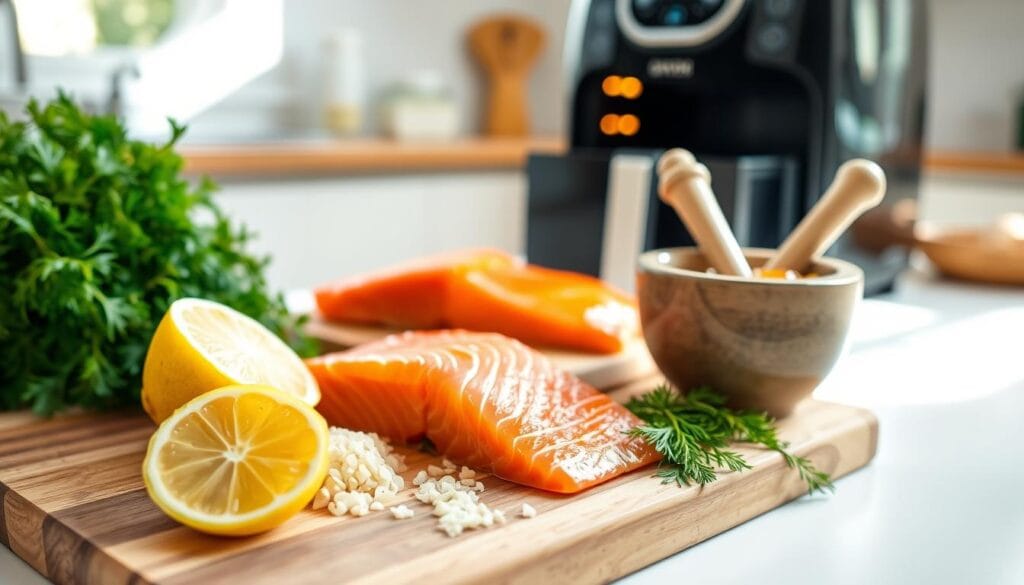 Preparing Ingredients for Air Fryer Salmon: A bright, airy kitchen scene with a wooden cutting board in the foreground. Atop the board, a freshly sliced lemon, a pile of minced garlic, and a bundle of fresh dill. In the middle ground, a salmon fillet sits next to a mortar and pestle filled with a golden honey mixture. The background features an open air fryer on the counter, casting a warm glow. Soft, natural lighting illuminates the scene, creating a clean, inviting atmosphere. The composition highlights the key ingredients needed to prepare a delectable air fryer salmon dish. Preparing Ingredients for Air Fryer Salmon: A bright, airy kitchen scene with a wooden cutting board in the foreground. Atop the board, a freshly sliced lemon, a pile of minced garlic, and a bundle of fresh dill. In the middle ground, a salmon fillet sits next to a mortar and pestle filled with a golden honey mixture. The background features an open air fryer on the counter, casting a warm glow. Soft, natural lighting illuminates the scene, creating a clean, inviting atmosphere. The composition highlights the key ingredients needed to prepare a delectable air fryer salmon dish.
