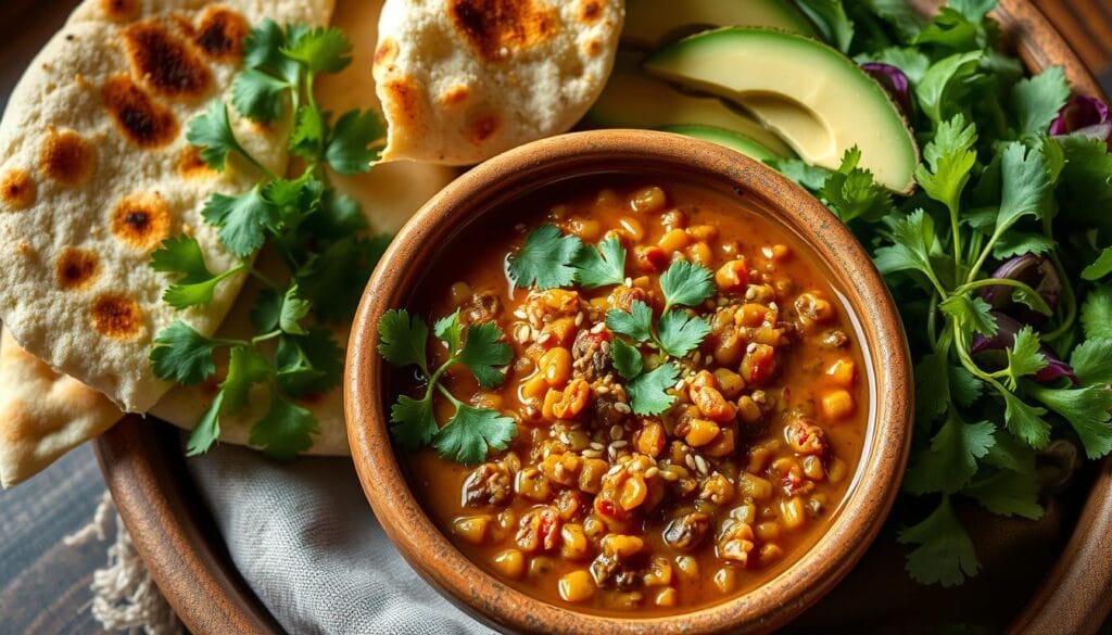 Vegetarian lentil stew served in a rustic earthenware bowl, garnished with vibrant cilantro leaves, a drizzle of rich olive oil, and a sprinkle of toasted sesame seeds. Crisp slices of warm naan bread, fresh avocado slices, and a vibrant green salad arranged artfully around the bowl, creating a visually appealing and appetizing presentation. Soft, natural lighting illuminates the scene, highlighting the warm hues of the stew and the earthy tones of the serving ware. The overall mood is cozy, comforting, and inviting, perfectly complementing the hearty and nourishing lentil stew. Vegetarian lentil stew served in a rustic earthenware bowl, garnished with vibrant cilantro leaves, a drizzle of rich olive oil, and a sprinkle of toasted sesame seeds. Crisp slices of warm naan bread, fresh avocado slices, and a vibrant green salad arranged artfully around the bowl, creating a visually appealing and appetizing presentation. Soft, natural lighting illuminates the scene, highlighting the warm hues of the stew and the earthy tones of the serving ware. The overall mood is cozy, comforting, and inviting, perfectly complementing the hearty and nourishing lentil stew.