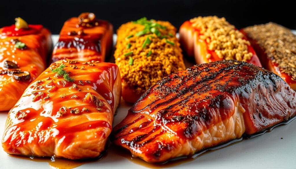 Vibrant salmon fillets skillfully air fried, adorned with various savory glazes and garnishes. In the foreground, a succulent honey garlic salmon fillet, its glossy caramelized surface glistening under warm studio lighting. Beside it, a maple soy glazed salmon with a delicate char. In the middle ground, a paprika and lemon pepper crusted salmon, its flaky texture visible. In the background, a lineup of additional variations - teriyaki, dill and lemon, and spicy sriracha salmon. The composition showcases the versatility of air fried salmon, creating a visually appetizing display of contrasting flavors and textures. Vibrant salmon fillets skillfully air fried, adorned with various savory glazes and garnishes. In the foreground, a succulent honey garlic salmon fillet, its glossy caramelized surface glistening under warm studio lighting. Beside it, a maple soy glazed salmon with a delicate char. In the middle ground, a paprika and lemon pepper crusted salmon, its flaky texture visible. In the background, a lineup of additional variations - teriyaki, dill and lemon, and spicy sriracha salmon. The composition showcases the versatility of air fried salmon, creating a visually appetizing display of contrasting flavors and textures.