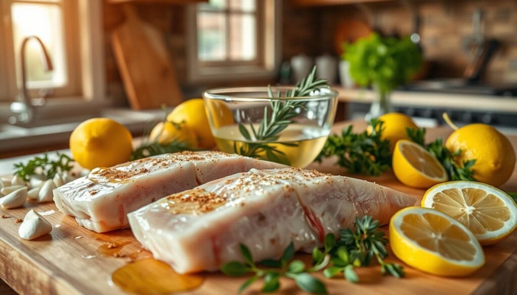 Preparing and marinating swordfish steaks Preparing and marinating swordfish steaks